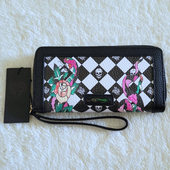 Ed Hardy Handbags - Ed Hardy Checkered Skulls💀, Roses🌹 and Serpents🐍 Wallet - NWT